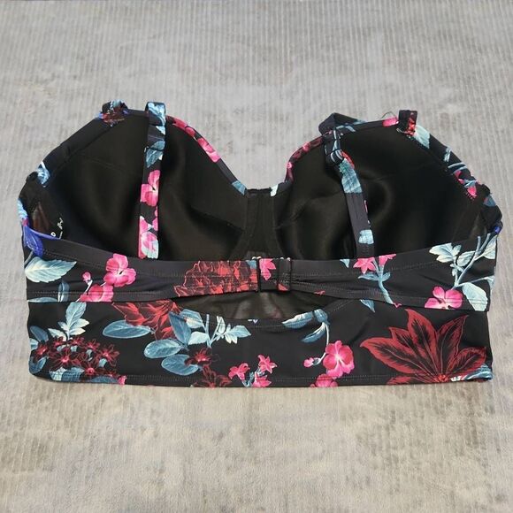 Torrid 2 DD/F Mystical Forest Floral Black Underwire Long Line Bikini Top Swim - Picture 2 of 3